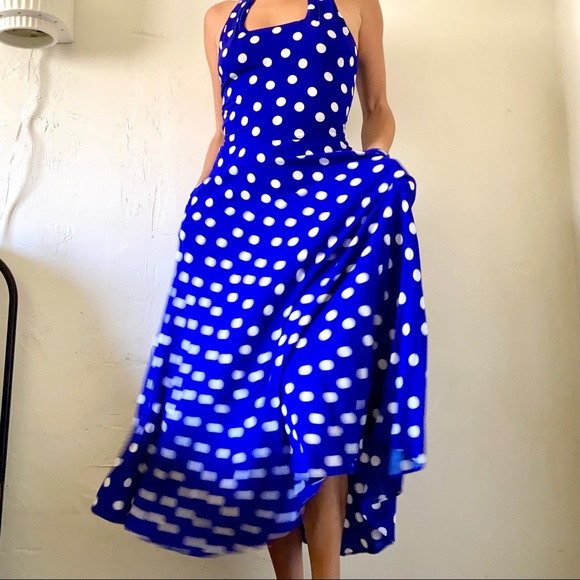 Vintage 70s Royal Blue Polka Dot Square Neck 100% Rayon Maxi Dress | XS - Picture 12 of 12